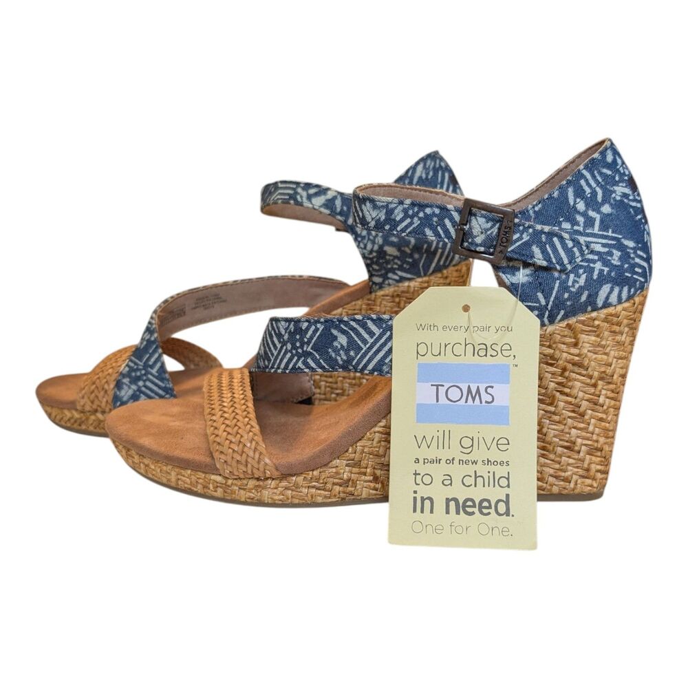 TOMS Size 9.5W Clarissa Blue Batik Textile Wrapped Wedge Heel Sandals Shoes New